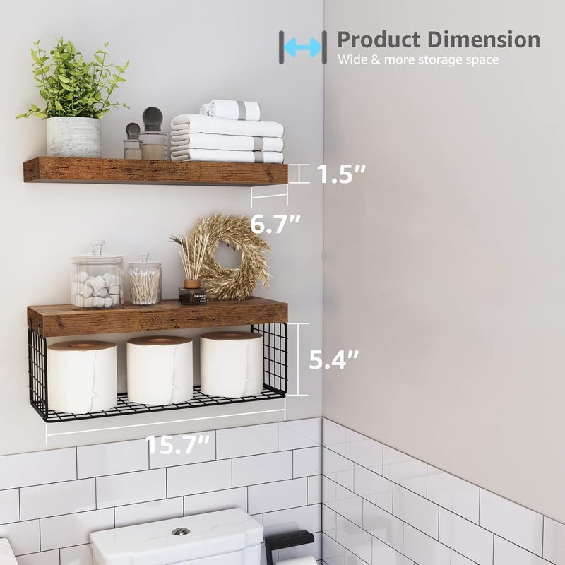 QEEIG Bathroom Shelves Over Toilet - Wall Mounted Floating Shelves Toilet Paper Storage Small Farmhouse Decor Shelf 16 inch Set of 2, Rustic Brown (019-BN2) - Image 3